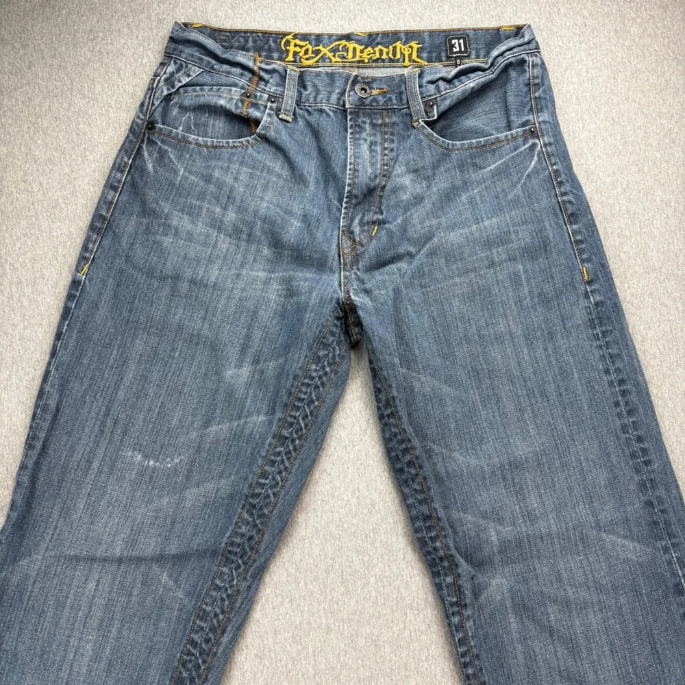 Fox Denim Duster Jeans Mens 31 Blue Y2K Racing VTG Grunge‎ Relaxed Fit Bootcut - Picture 2 of 16